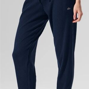 ALO Muse Set Navy Ribbed Track Pants and Matching Cropped Hoodie